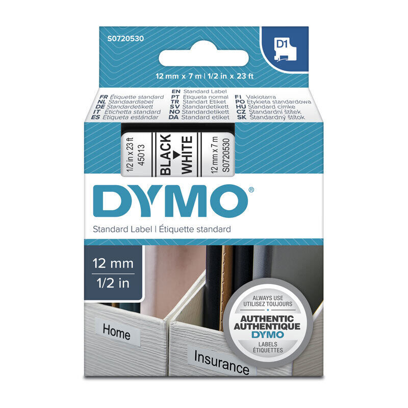 D1 Black on Wht 12mm x 7m Tape