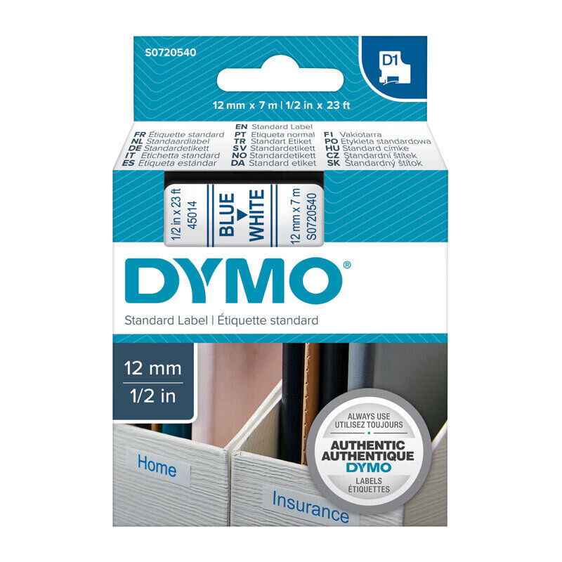 D1 Blue on White 12mm x 7m Tape