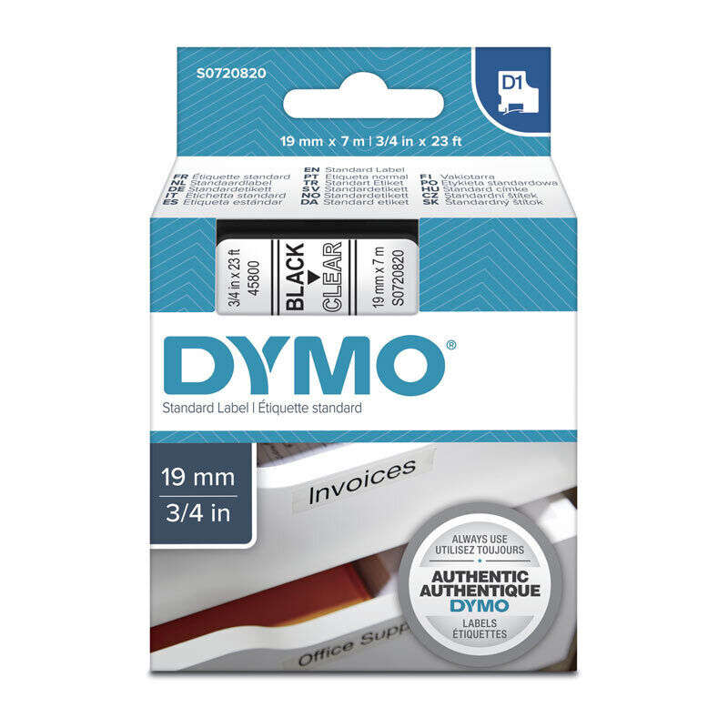 D1 Black on Clear 19mm x 7m Tape