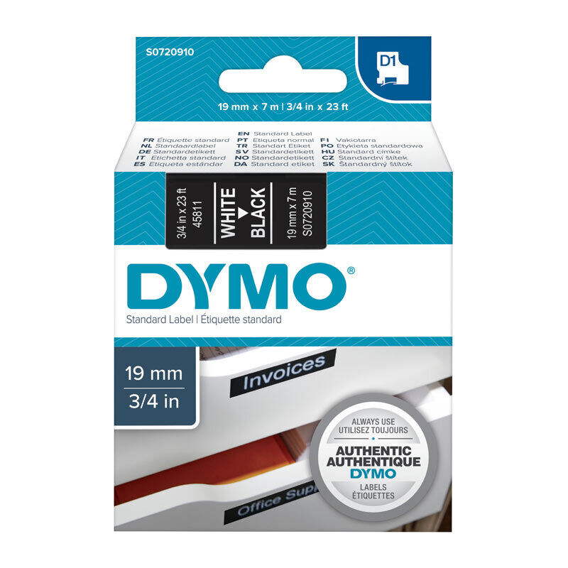 D1 White on Black 19mm x 7m Tape
