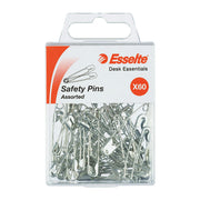Esselte Pins Safety Pack of 60 Assorted Sizes Silver