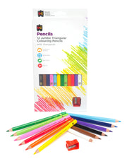 Jumbo Triangular Washable Colour Pencils - 12 Pieces + Sharpener