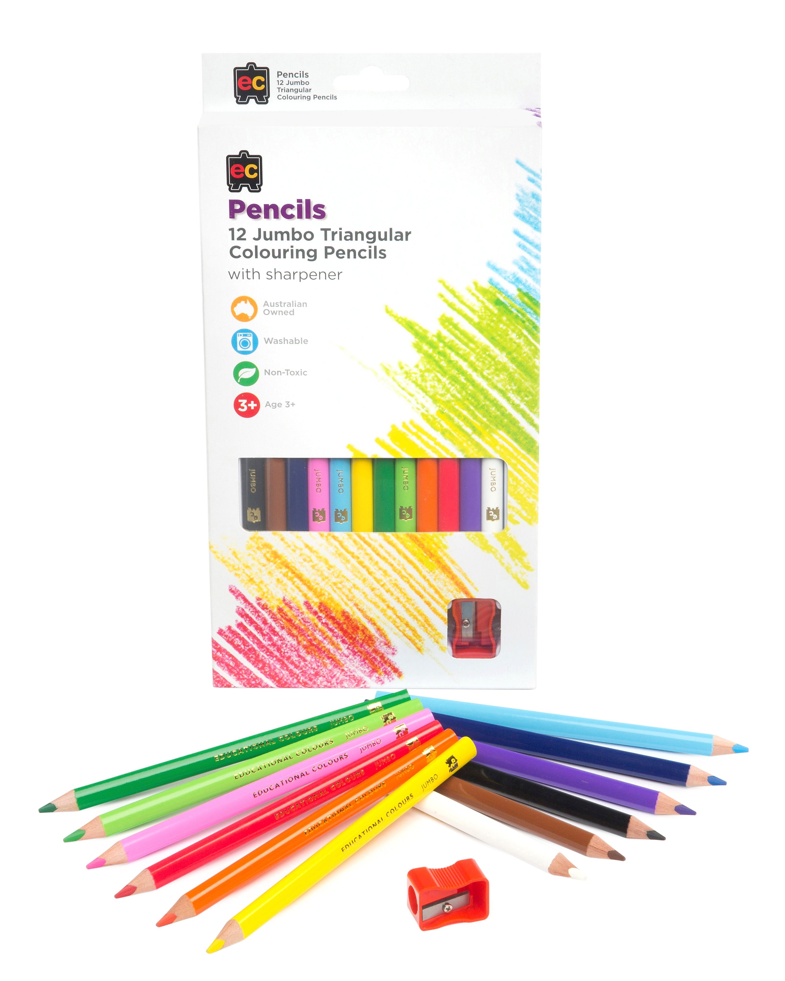 Jumbo Triangular Washable Colour Pencils - 12 Pieces + Sharpener