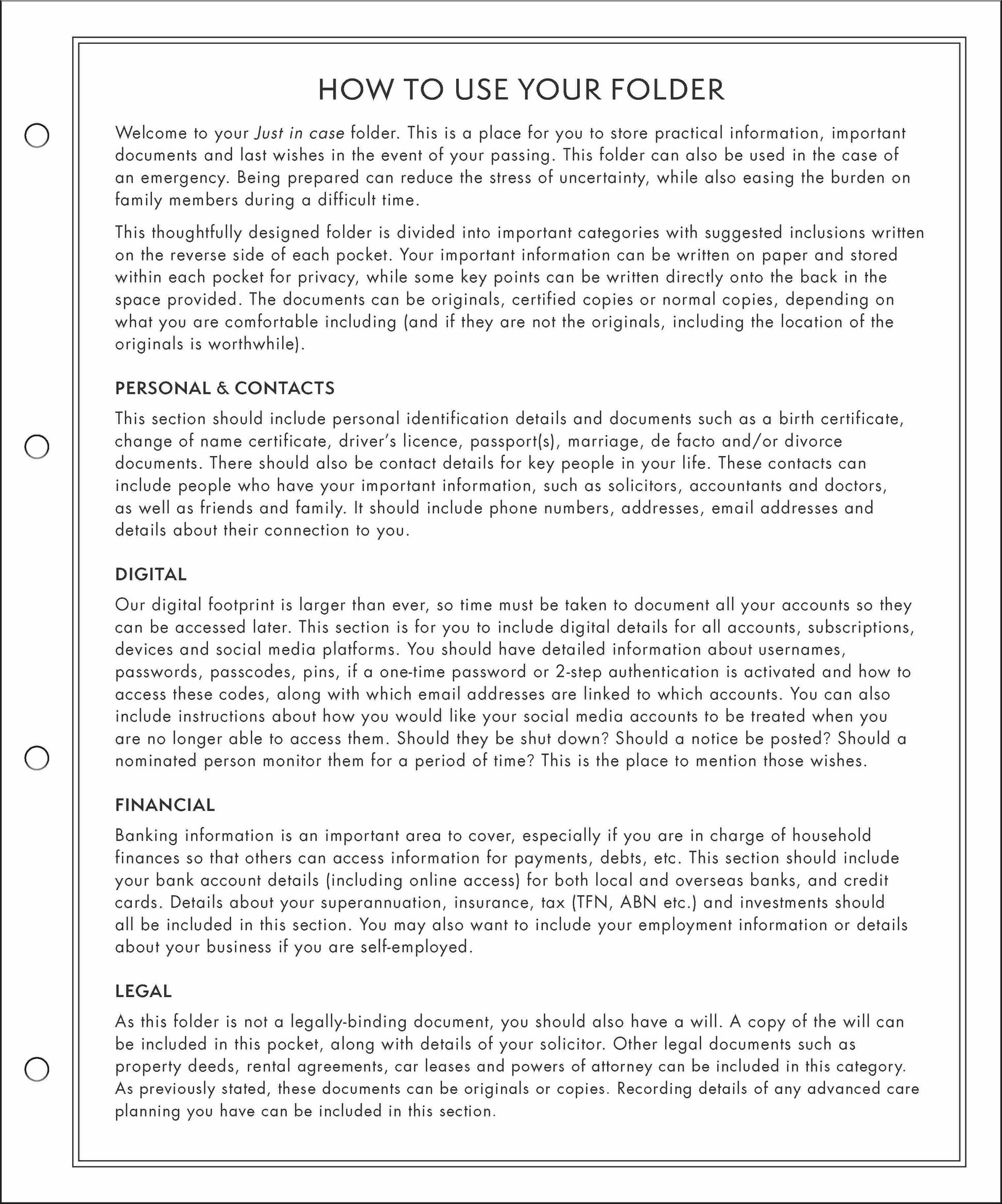 Just In Case - Document Folio — inside page 1