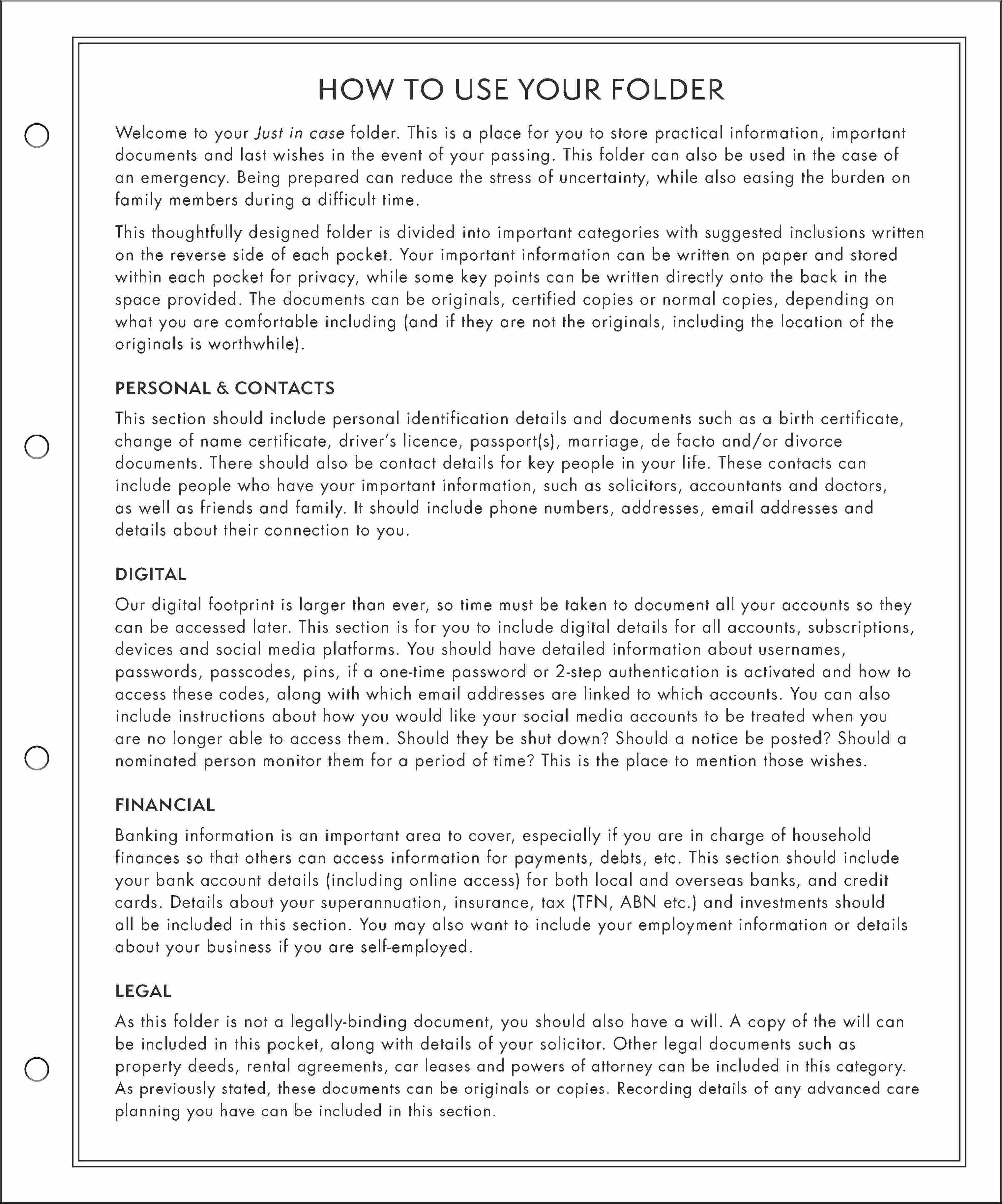 Just In Case - Document Folio — inside page 1