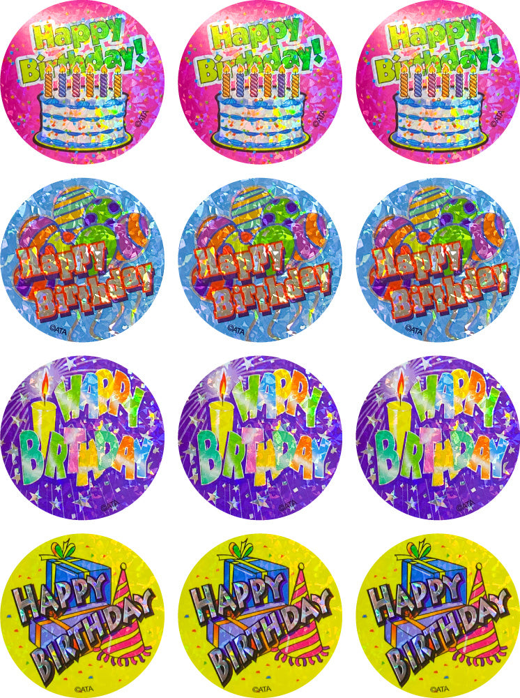 Happy Birthday Holographic (40mm) - Large Merit Stickers (Pack of 48) - Previous Design