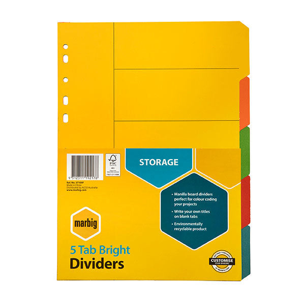 Marbig Dividers (A4) Manilla - Bright 5 Tab
