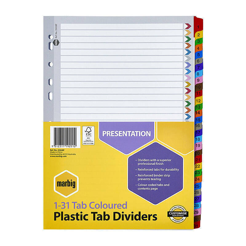 Marbig Indices & Dividers 1-31 Tabs Reinforced A4 Colour