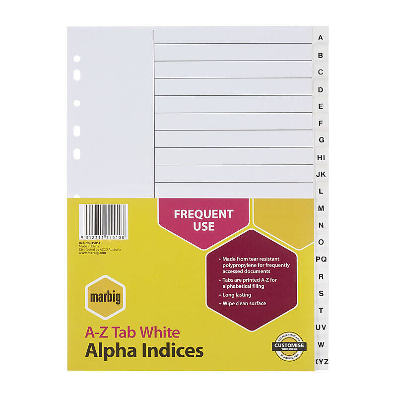 Marbig Indices & Dividers A-Z Tabs Polypropylene A4 White