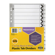 Marbig Indices & Dividers 1-12 Tabs Reinforced A4 Black