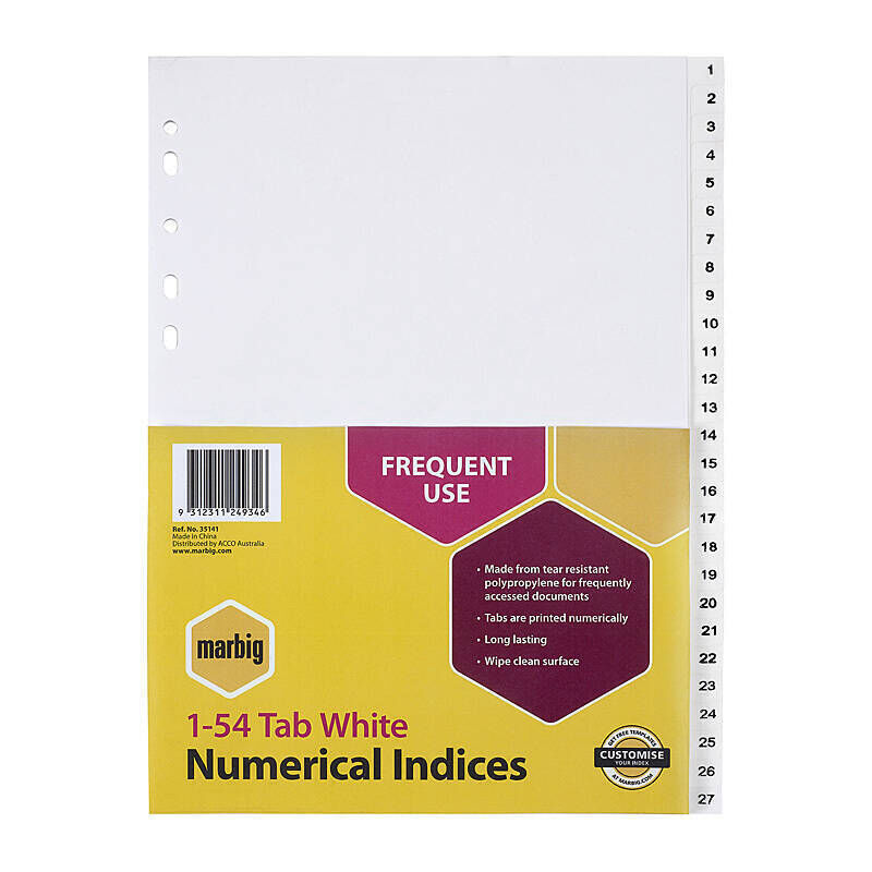 Marbig Indices & Dividers 1-54 Tabs Polypropylene A4 White