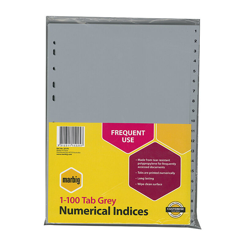 Marbig Indices & Dividers 1-100 Tabs Polypropylene A4 Grey