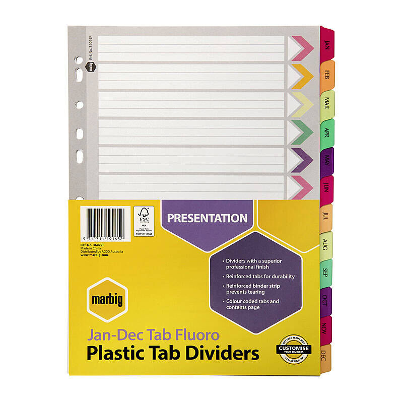 Marbig Indices & Divider Jan-Dec Tabs Reinforced A4 Fluo