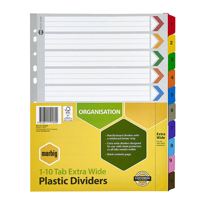Marbig Indices & Divider 1-10 Tabs Manilla A4 Extra Wide