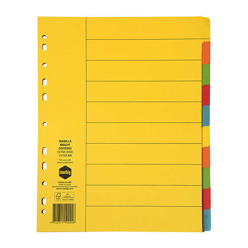 Marbig Indices & Dividers 10 Tabs Manilla A4 Extra Wide