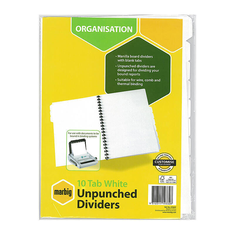 Marbig Indices & Divider 10 Tabs Manil A4 Unpunched