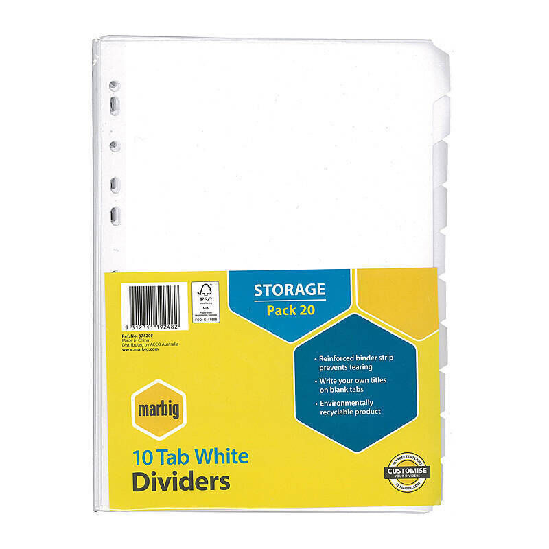 Marbig Indices & Divider 10 Tabs Manil A4 Wht - Pack of 20