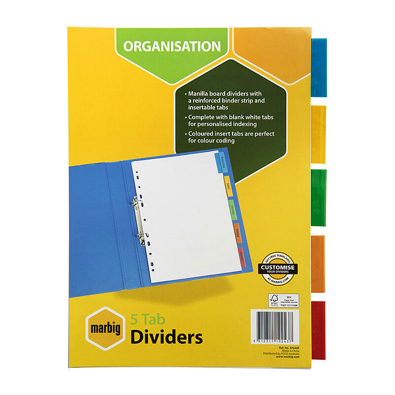 Marbig Indices & Divider 5 Insert Tabs Manil A4 Col