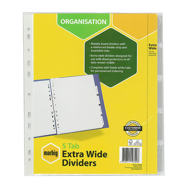 Marbig Indices & Divider 5 Insert Tabs Extra Wide A4 Wht