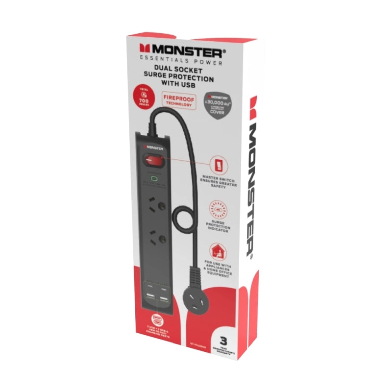 Monster Dual Socket Surge Protector Board with USB-C & USB-A Ports [MT-FPU30WB]