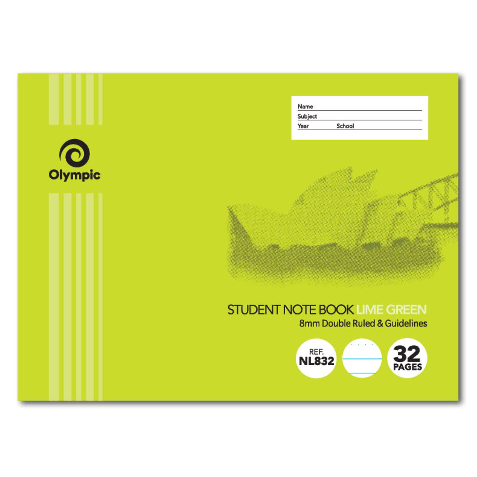 Olympic Student Book - NSW 8mm Double-Ruled + Guidelines Lime 32pg (Pack of 20)