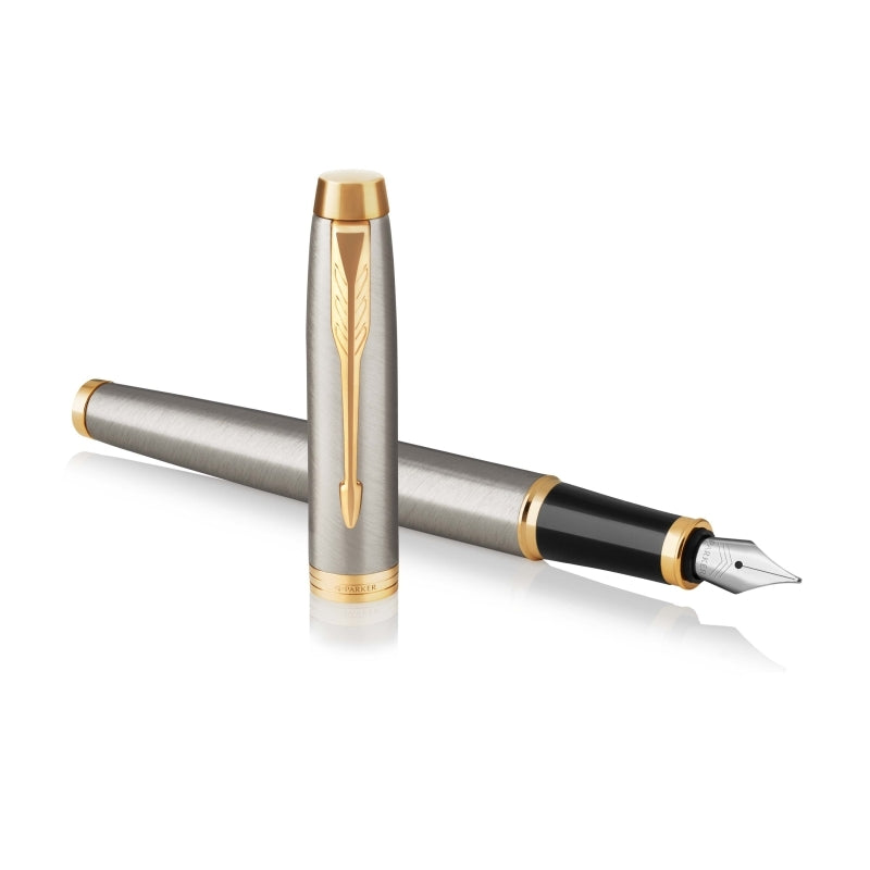 Parker IM Fountain Pen - Brushed Metal, Gold Trim, Medium Nib