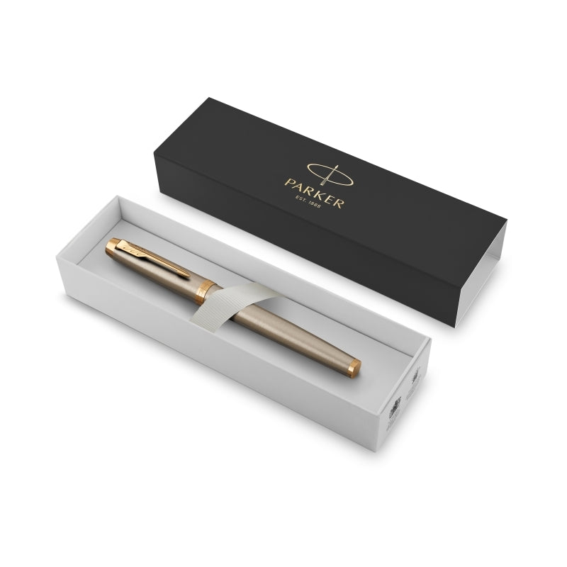 Parker IM Fountain Pen - Brushed Metal, Gold Trim, Medium Nib