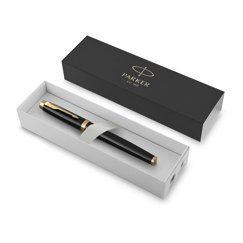 Parker IM Ballpoint Pen - Black Lacquer, Gold Trim with Medium Tip, Blue Ink