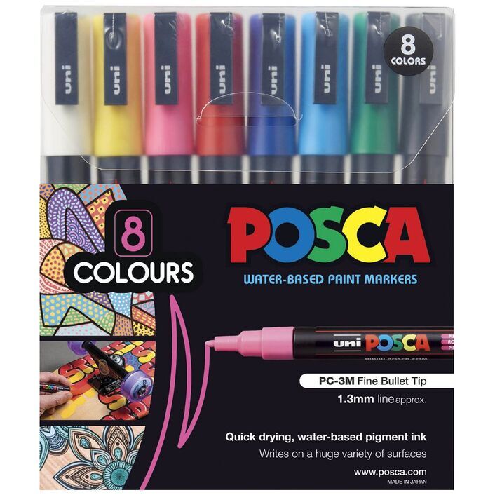 Posca Water-Based Paint Markers: 1.3mm Fine Bullet Tip - Assorted Colours (Pack of 8)