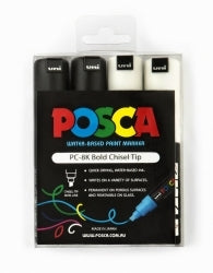 Posca Water-Based Paint Markers: 8mm Bold Chisel Tip - Black/White (Pack of 4)
