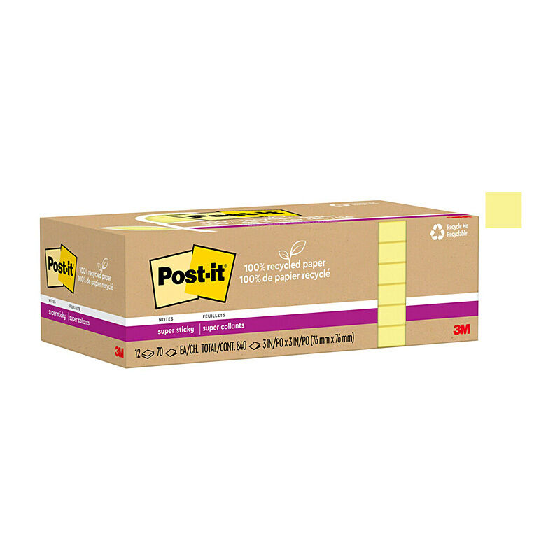 Post-It Super Sticky Notes Canary Yellow 76 x 76mm - Pack of 12