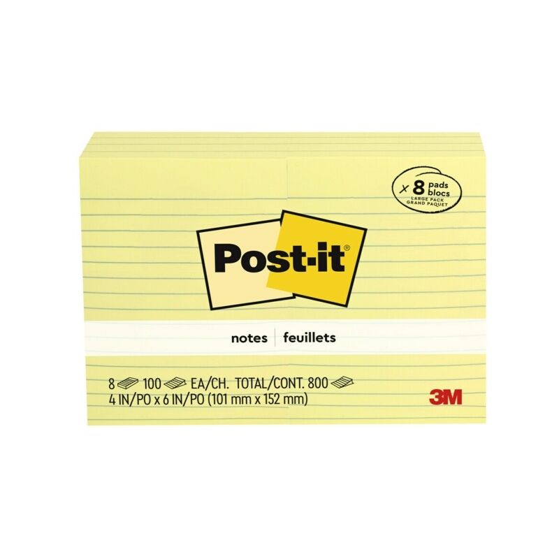 Post-It Lined Notes Canary Yellow 101 x 152mm 8-Pack