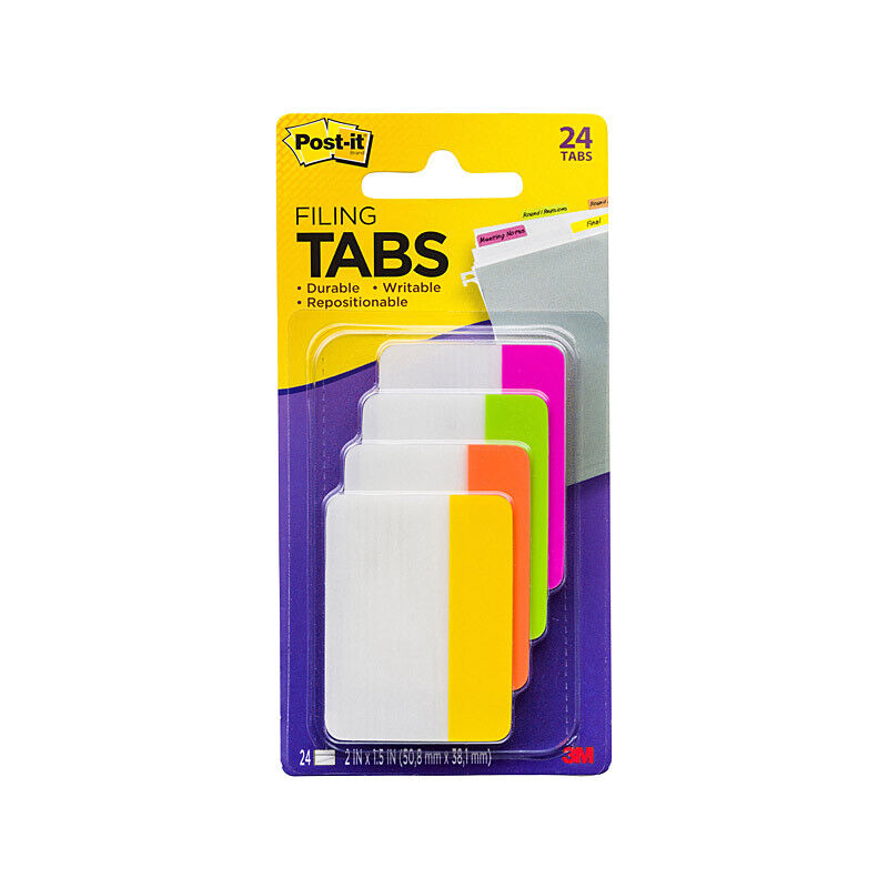 Post-It Filing Tabs Pink Green Orange Yellow 50 x 38mm 24-Pack (Box of 6)