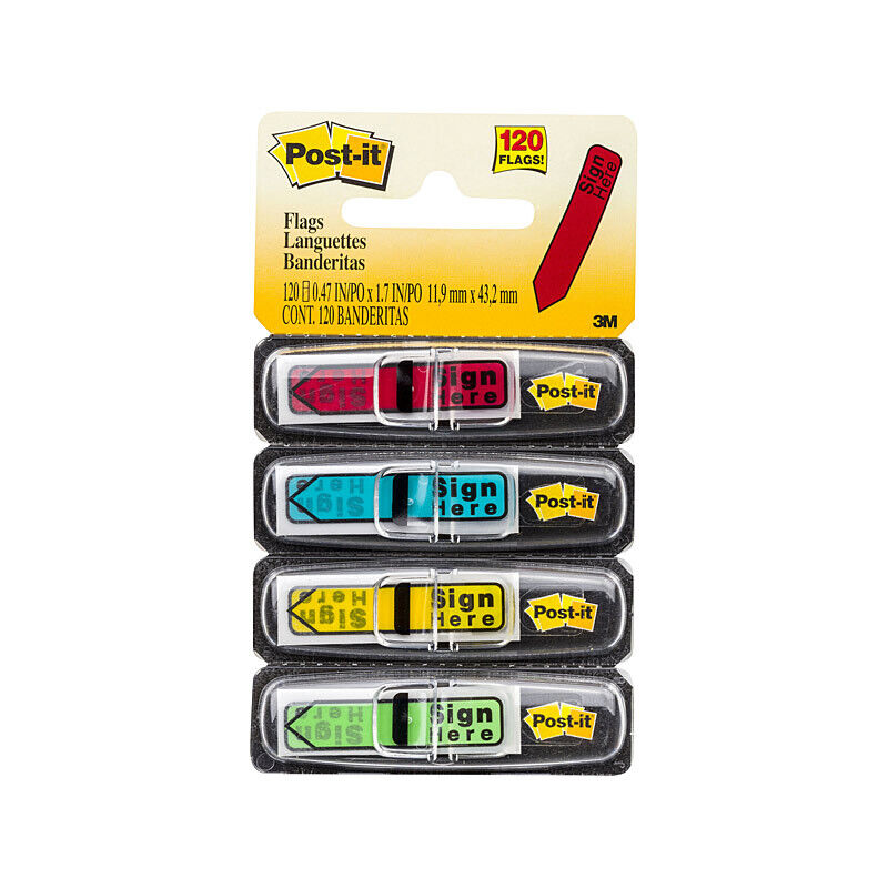 Post-It Sign Here Flags Primary Colours 12 x 45mm 4-Pack (Box of 6)