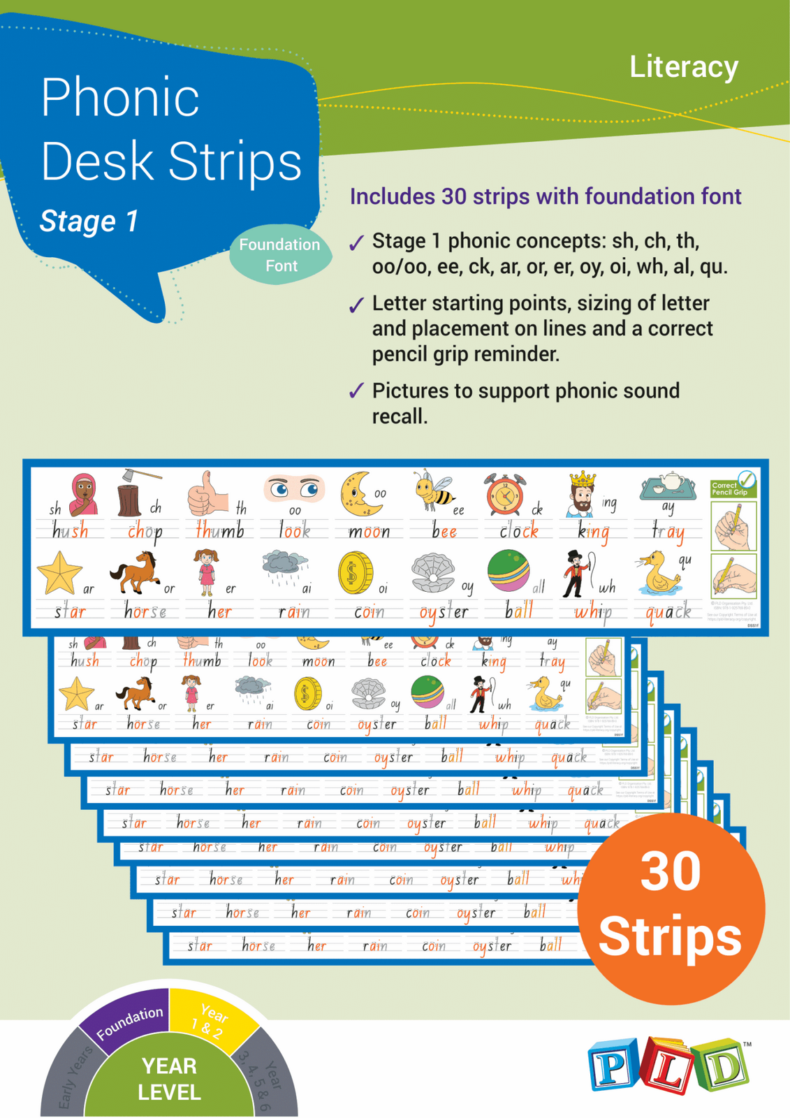 Phonic Desk Strips: Stage 1 - Foundation Font (Pack of 30)