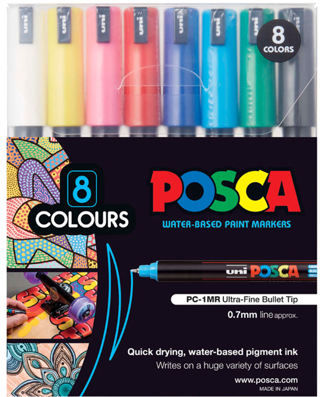 Posca Water-Based Paint Markers: 0.7mm Ultra-Fine Bullet Tip - Pastel Colours (Pack of 8)
