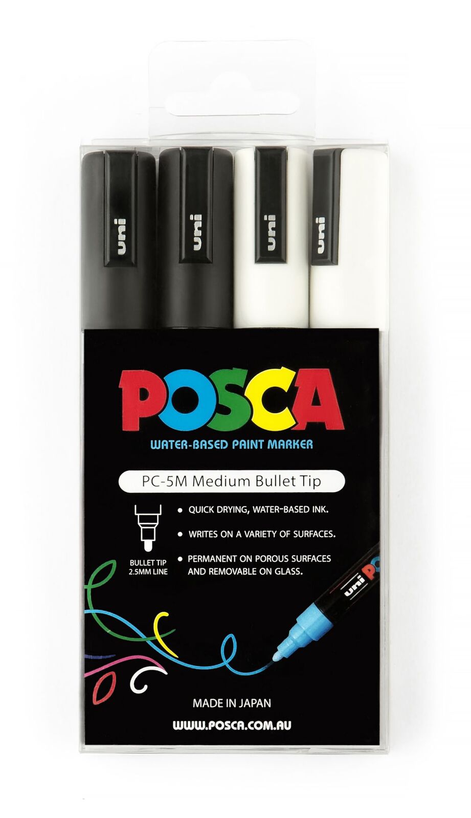 POSCA Paint Marker PC-5M Medium Bullet Tip 1.8-2.5mm - Black & White (Pack of 4)