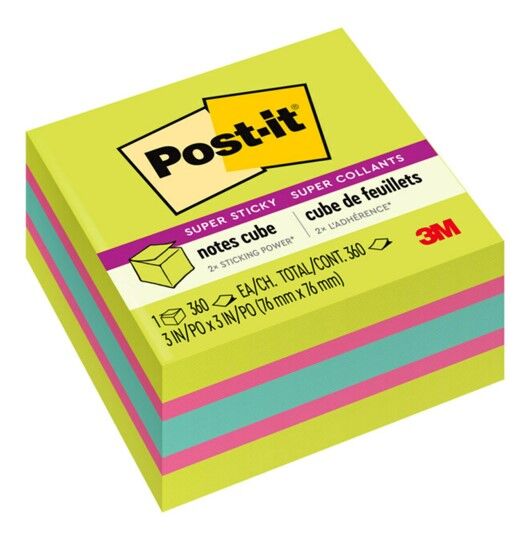 Post-It Notes Super Sticky - 76x76mm Cube (2027-SSGFA): Neon Green Mix (360 Sheet)