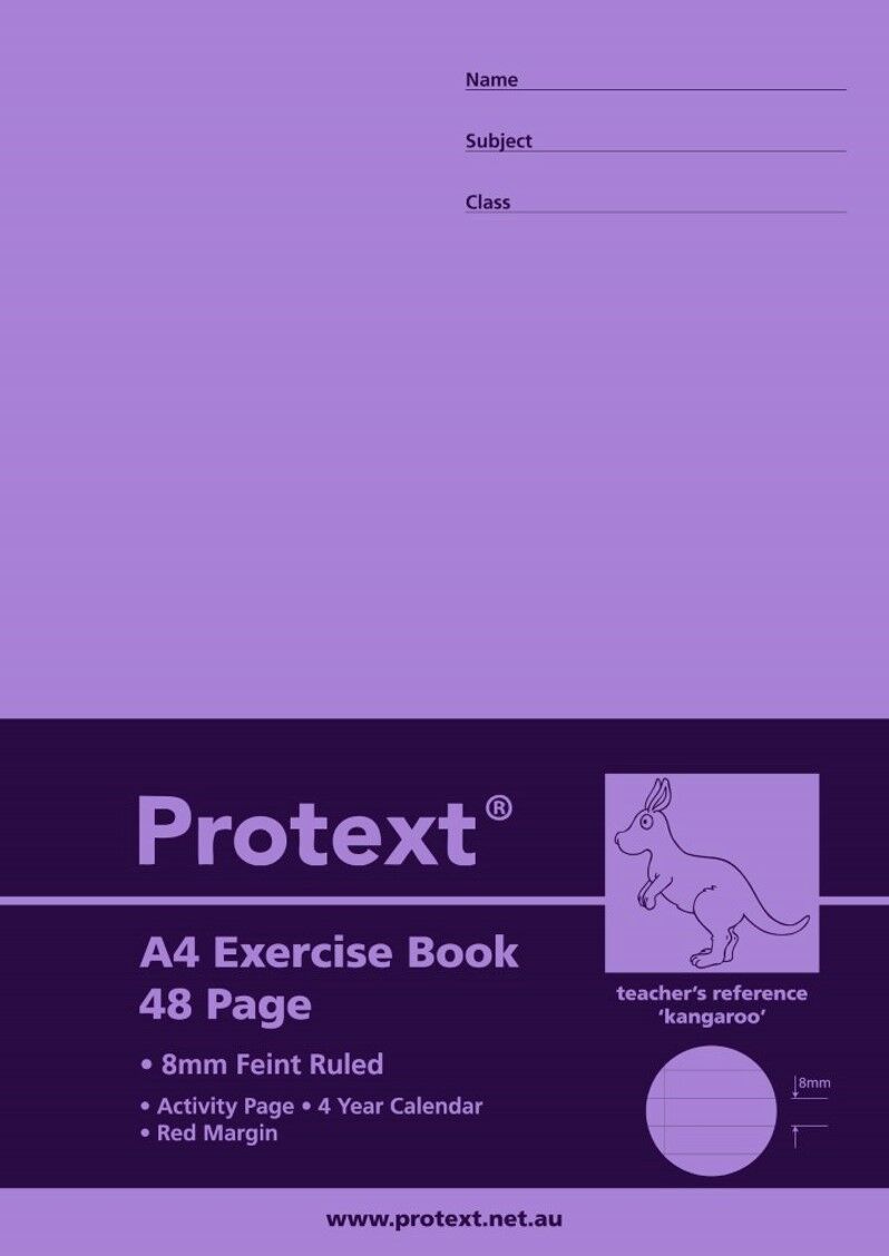 Protext Exercise Book A4 8mm Ruled + Margin PP Cover: 48pg Kangaroo (Pack of 20)