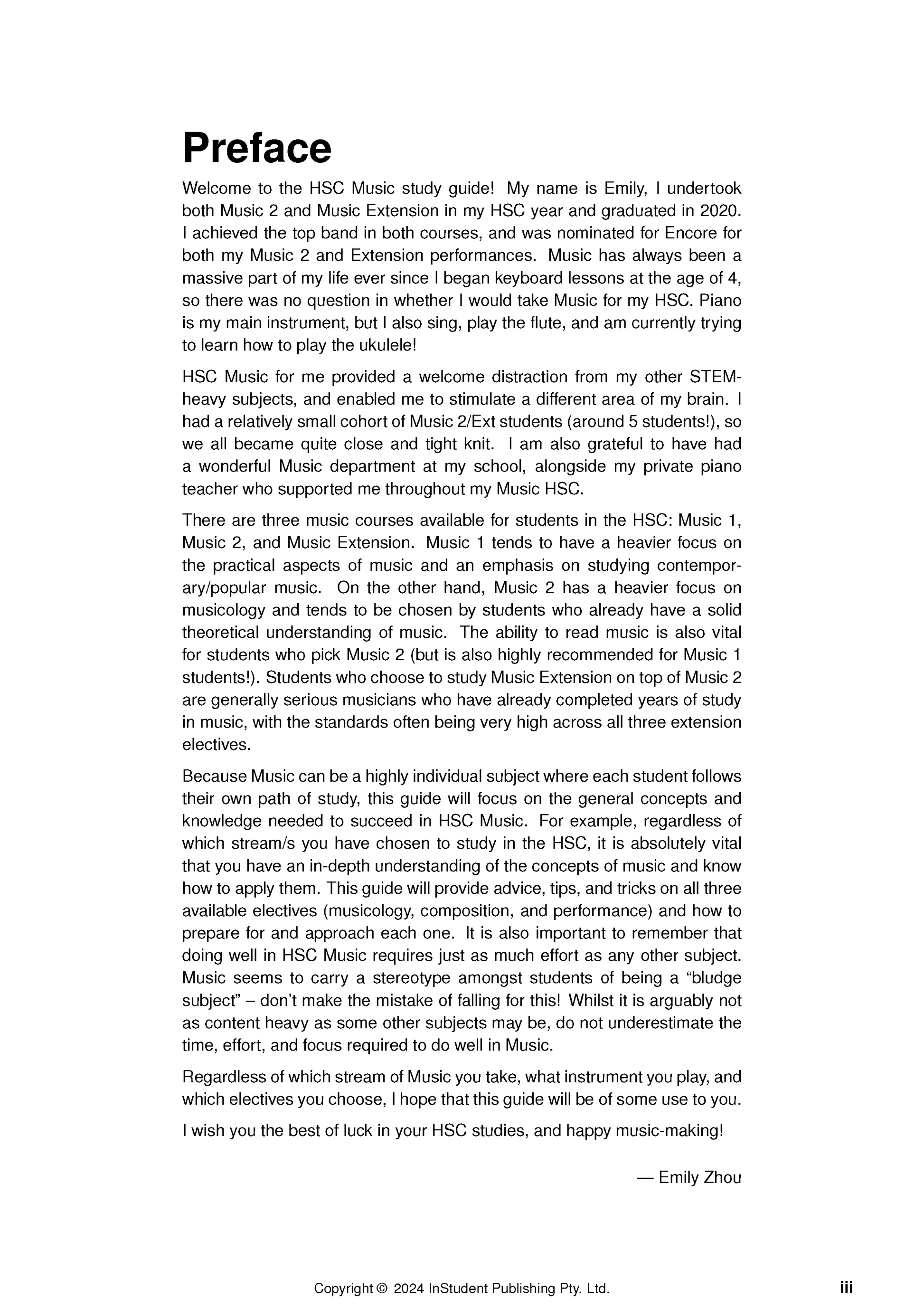 HSC Year 12 Music Course Notes by ATAR Notes, showing the 'Preface' page with text and author signature.