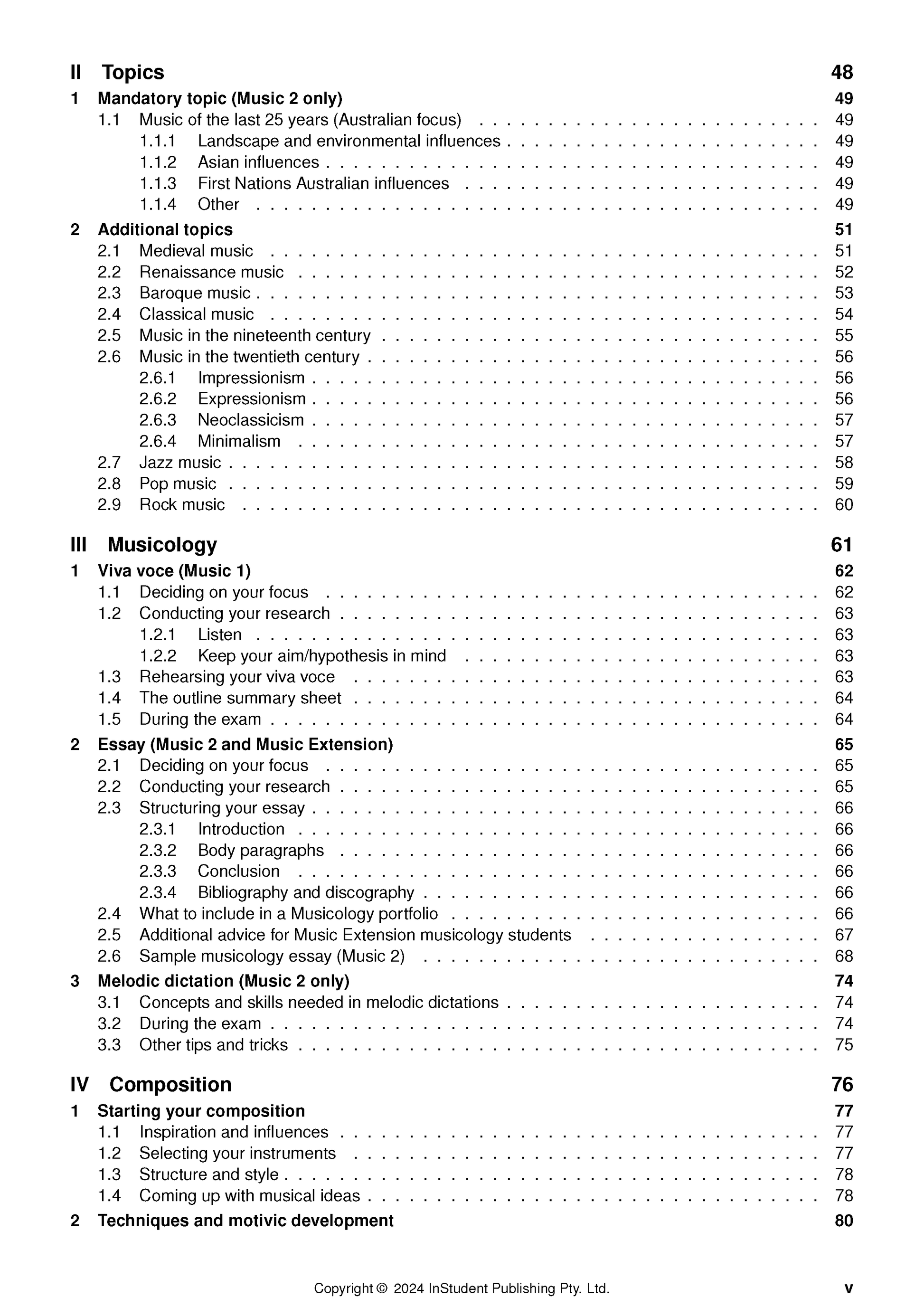 Course notes by ATAR Notes, displaying a table of contents page for Music study.