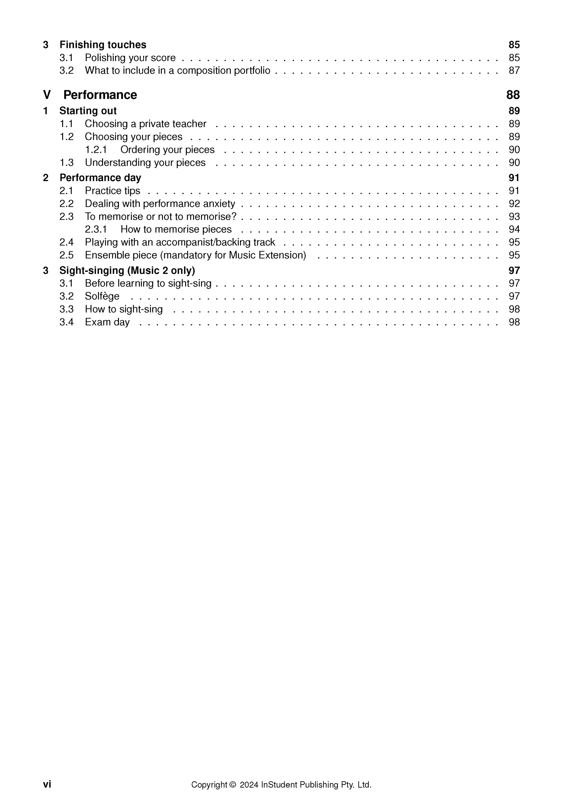 Course notes by ATAR Notes showing a table of contents with chapters on performance and sight-singing.