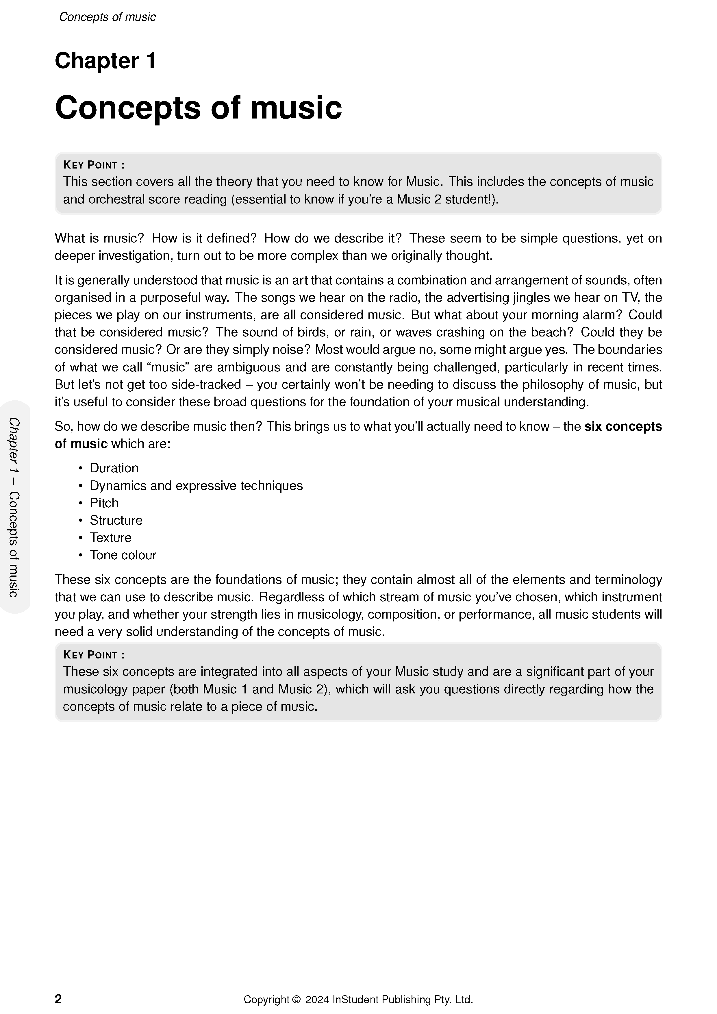 HSC Year 12 Music Course Notes by ATAR Notes, displaying 'Chapter 1: Concepts of Music' with a grey key point box and body text.