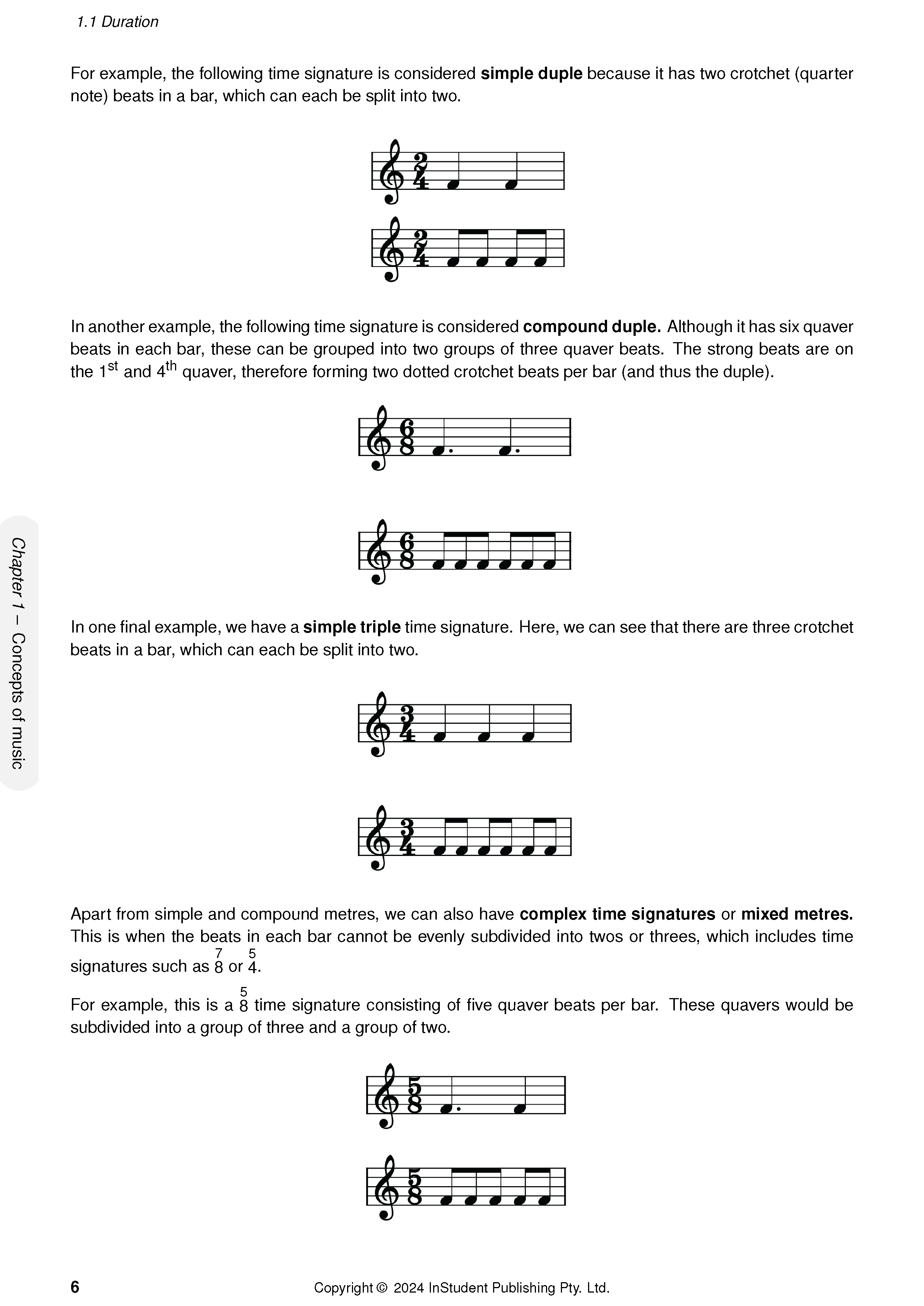HSC Year 12 Music Course Notes by ATAR Notes, displaying a page with explanations and musical examples of simple, compound, and complex time signatures.