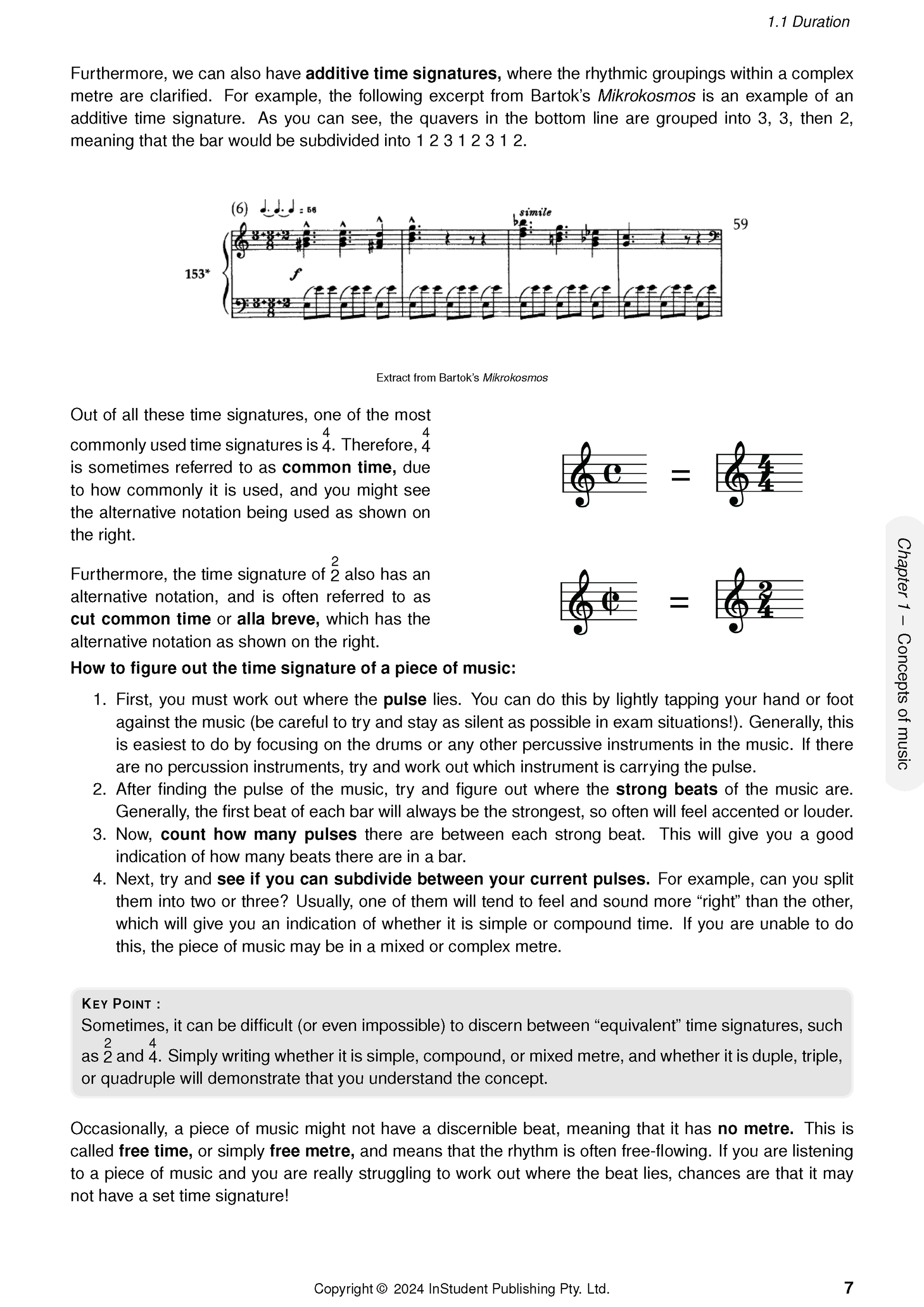 Music Course Notes by ATAR Notes displaying text explanations of duration and time signatures, with musical notation examples.