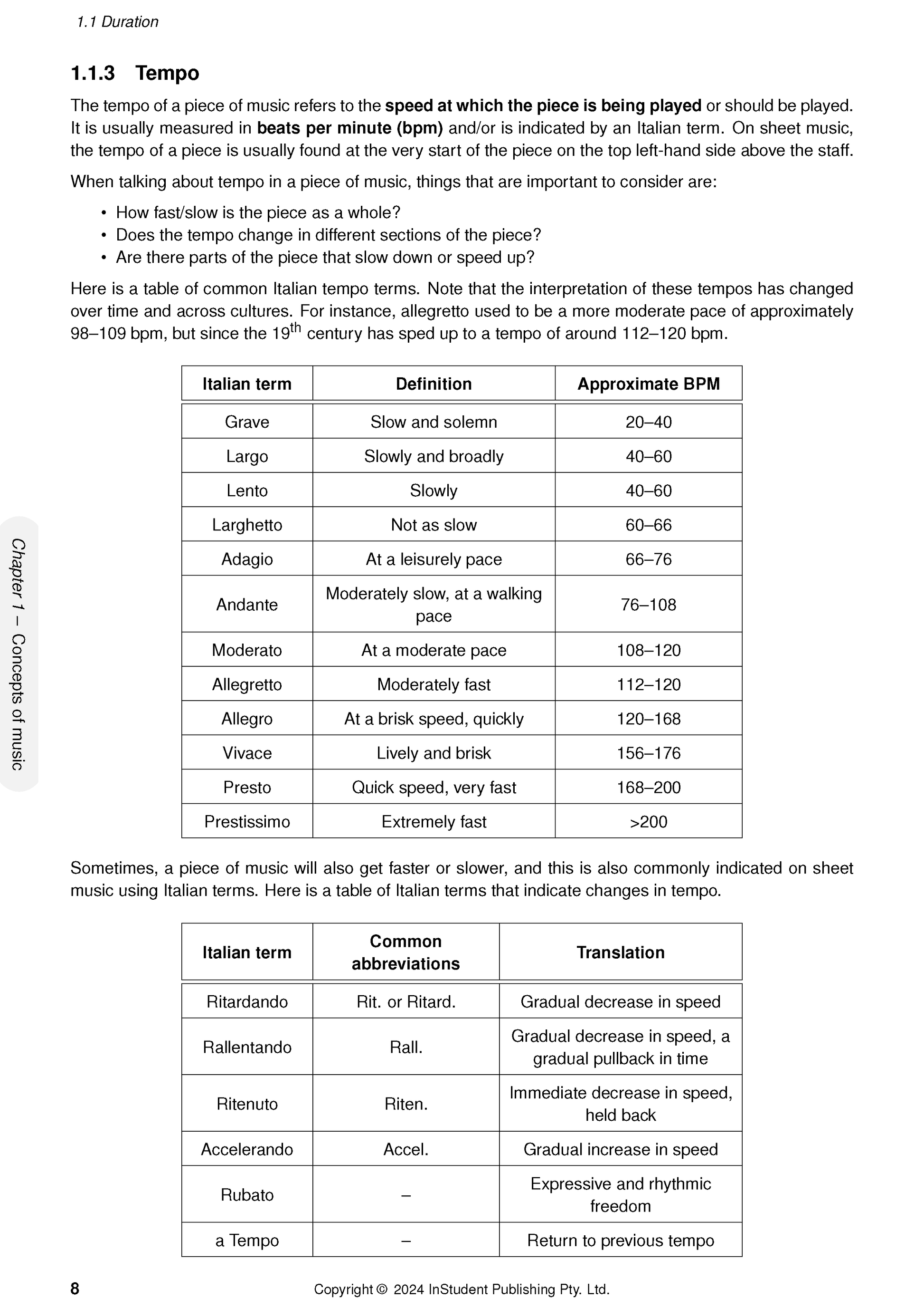 Course notes page by ATAR Notes, displaying definitions and tables for music tempo terms.