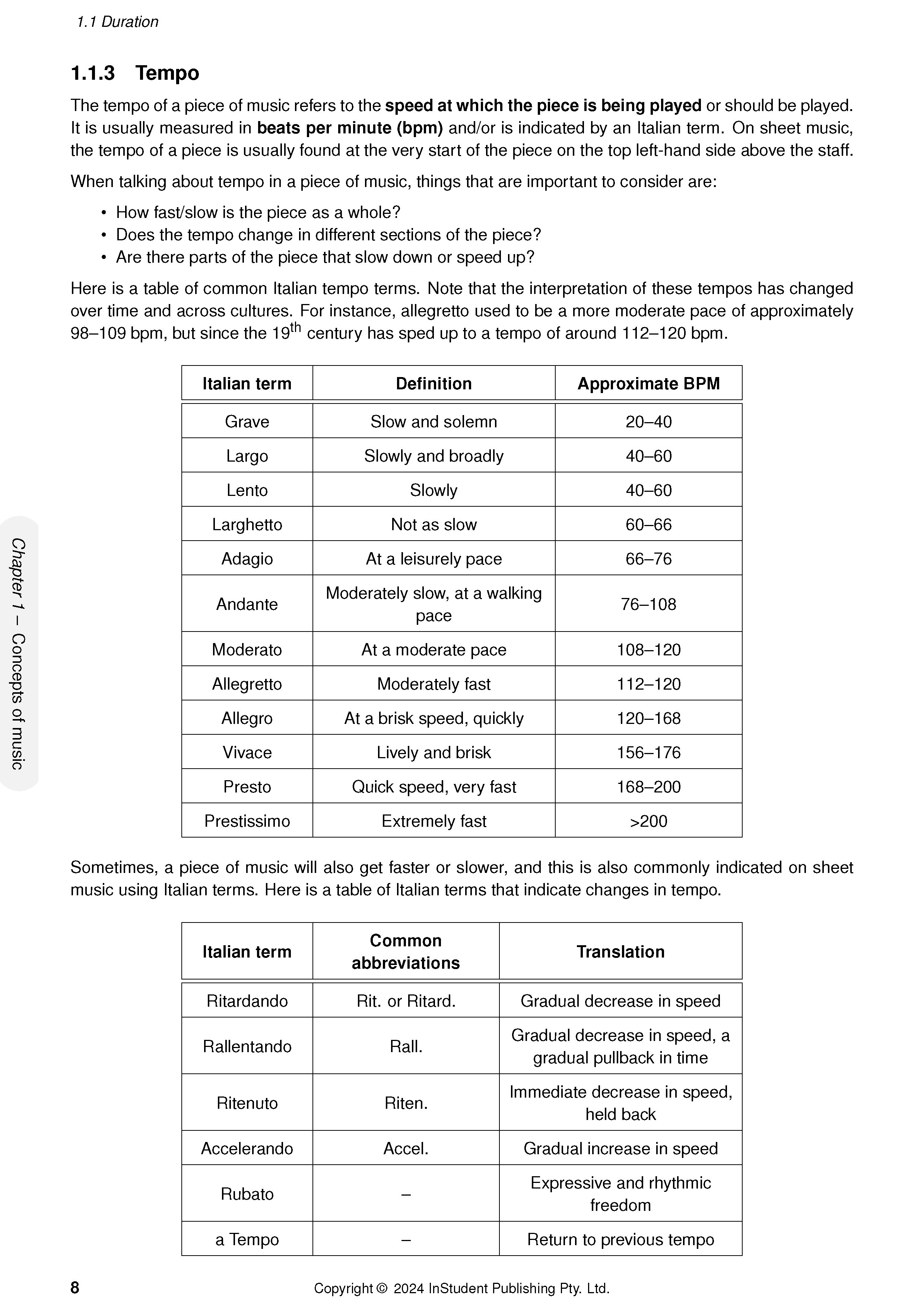 Course notes page by ATAR Notes, displaying definitions and tables for music tempo terms.