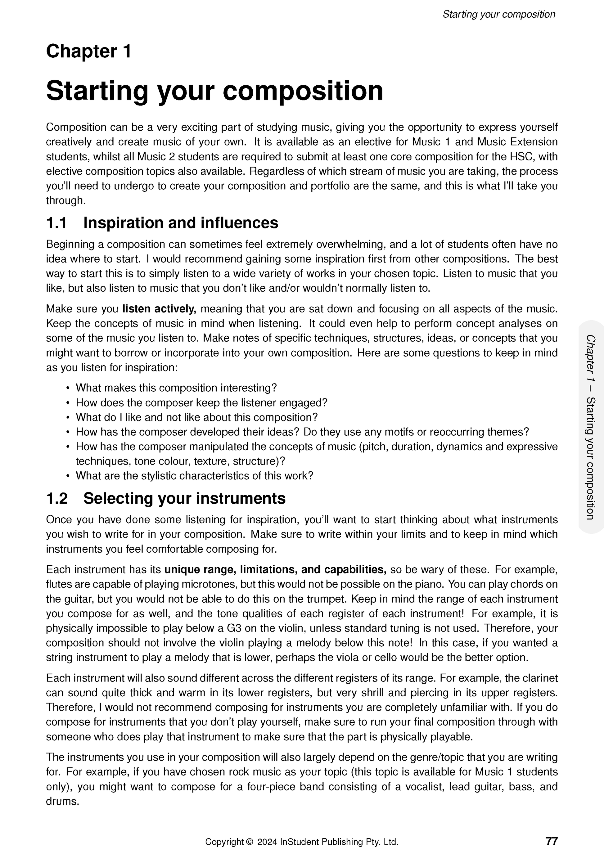 Printed page from HSC Year 12 Music Course Notes by ATAR Notes, detailing 'Starting your composition' in Chapter 1.