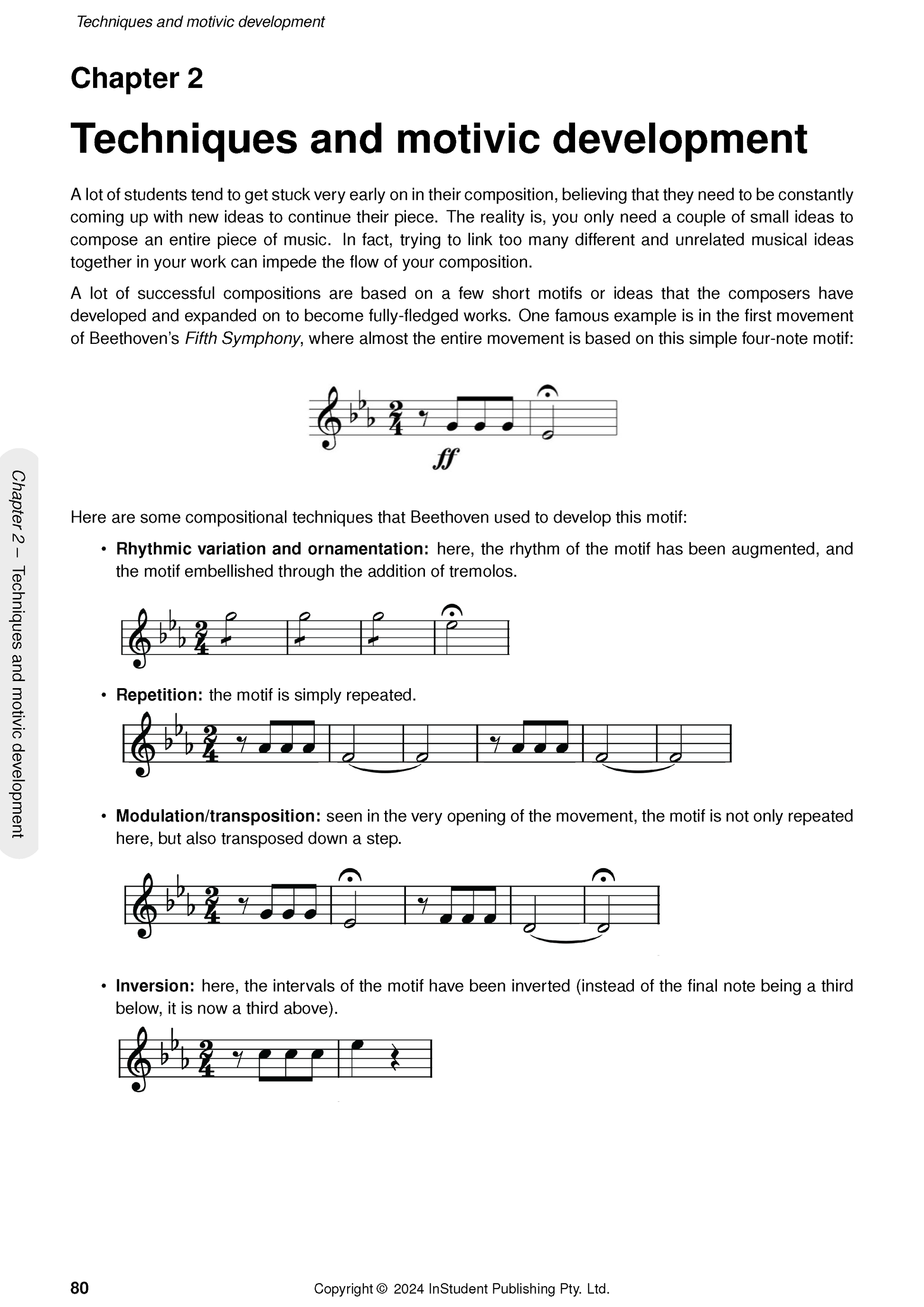 Music course notes by ATAR Notes displaying a page on "Techniques and motivic development" with various musical notation examples.