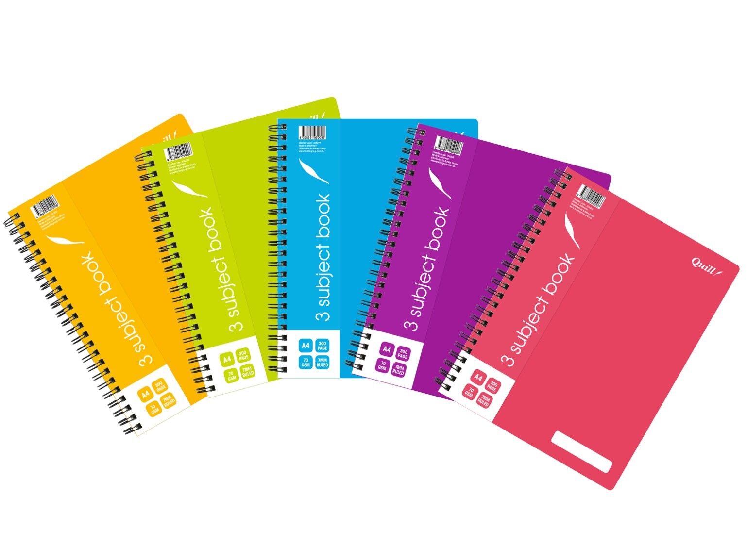 Quill Notebook - A4 70gsm Polypropylene (PP) Cover 3-Subject: Assorted 300pg (Pack of 5)